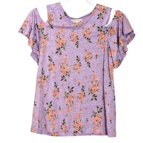 Rebecca Taylor Pastel Light Purple Cold Shoulder Linen Top Floral Print Bloue M - Picture 2 of 5